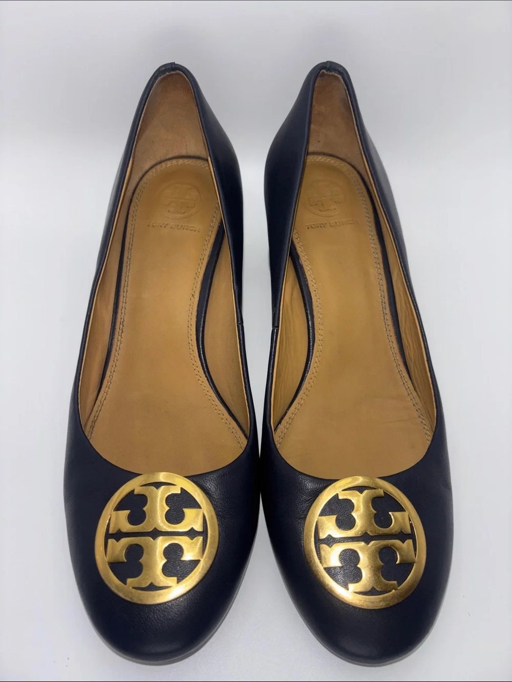 Tory Burch Navy Leather Logo Block Heels